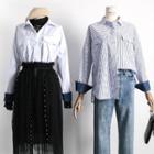 Dip-back Denim-panel Striped Blouse