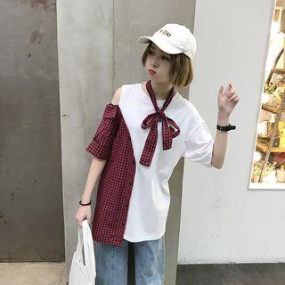 Embroidered Gingham Panel Short-sleeve T-shirt