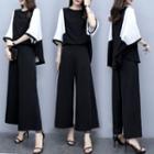 Set: Two-tone Panel Elbow-sleeve Blouse + Wide-leg Pants