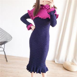 Long-sleeve Ruffled Cable Knit Sheath Dress