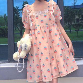 Puff-sleeve Strawberry Print Mini A-line Dress