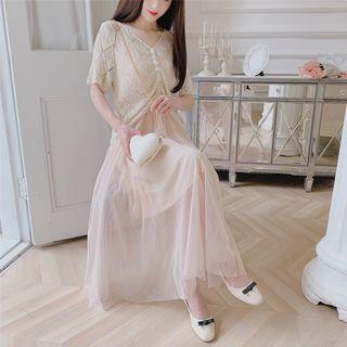 Set: Elbow-sleeve Drawstring Perforated Knit Top + Sleeveless Mesh A-line Maxi Dress As Shown In Figure - One Size