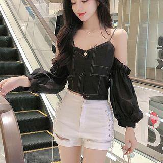 Cold Shoulder Long-sleeve Crop Top / Lace-up Hot Pants