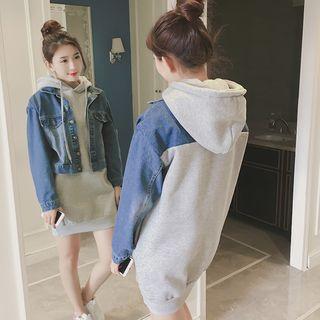Denim Panel Mock Two-piece Hoodie Dress