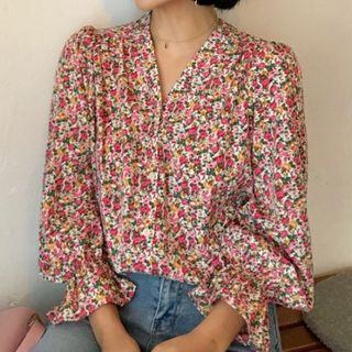 3/4-sleeve Floral Print Shirt Red - One Size