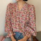 3/4-sleeve Floral Print Shirt Red - One Size