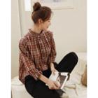 Frilled High-neck Plaid Blouse