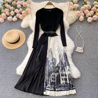 Round-neck Long-sleeve Panel Accordion Pleat A-line Dress