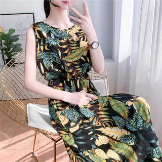 Sleeveless Leaf Print Midi Chiffon Dress