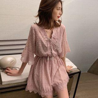 3/4-sleeve Lace Trim Chiffon Wide-leg Playsuit