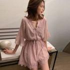3/4-sleeve Lace Trim Chiffon Wide-leg Playsuit