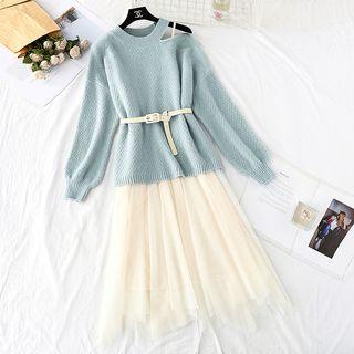 Set: Asymmetric Cutout Shoulder Sweater + Sleeveless Mesh Dress