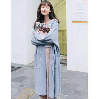 Hooded Knit Open-front Long Coat