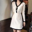 Set: Long-sleeve Buttoned Knit Top + Knit Mini Skirt