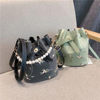 Embroidered Faux Pearl Strap Bucket Bag