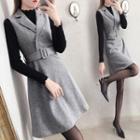 Long-sleeve Knit Top / Notch-lapel Mini Pinafore Dress / Set