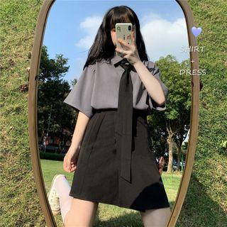 Elbow-sleeve Shirt / A-line Mini Skirt / Tie
