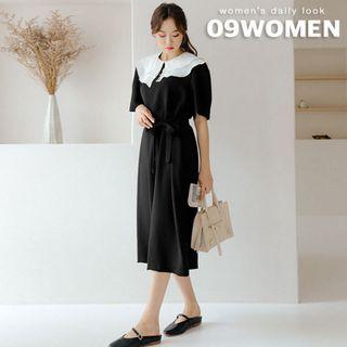 Plus Size Contrast Layered-collar Long Dress