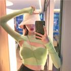Long-sleeve Cutout Plain Cropped Top Neon Green - One Size