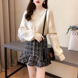 Set: Mesh Panel Sweater + Plaid Mini Mermaid Skirt