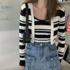 Set : Striped Camisole Top + Knit Striped Cardigan Black & White - One Size