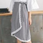 Lace Trim Plaid Midi Skirt
