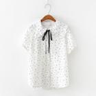 Tie-neck Dotted Short-sleeve Blouse White - One Size