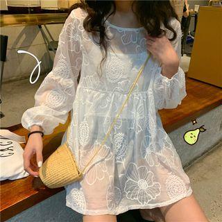 Set: Embroidered Long-sleeve Top + Camisole Top As Shown In Figure - One Size
