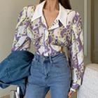 Long-sleeve Chiffon Flower Print Blouse As Figure - One Size