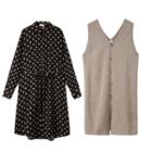 Set: Long-sleeve Dotted Midi A-line Dress + Button Knit Vest