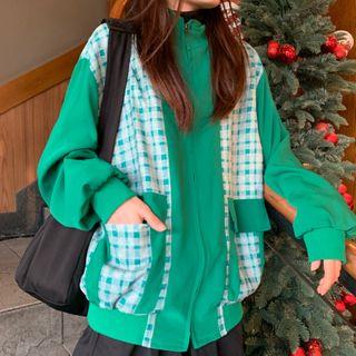 Plaid Panel Zip Jacket As Shown In Figure - One Size