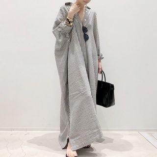 Striped Maxi Shift Shirt Dress Stripes - Gray & White - One Size