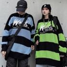 Couple Matching Striped Color Block Lettering Sweater