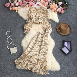 Set: Chain Print Blouse + Midi A-line Skirt