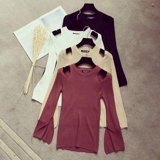 Cut Out Shoulder Plain Long Sleeve Knit Top