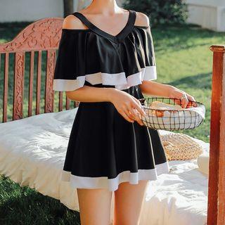 Elbow-sleeve Cold Shoulder Swimdress