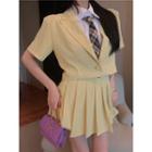 Pleated Mini Skirt / Short-sleeve Shirt / Cropped Blazer / Tie / Set