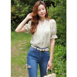 Puff-sleeve Lace-trim Foliage Chiffon Blouse Green - One Size