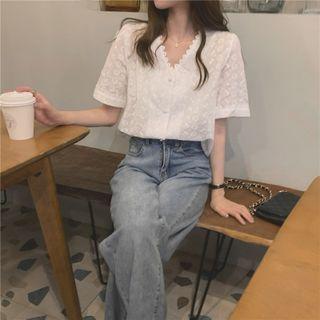 V-neck Short-sleeve Embroidered Lace Blouse Off-white - One Size