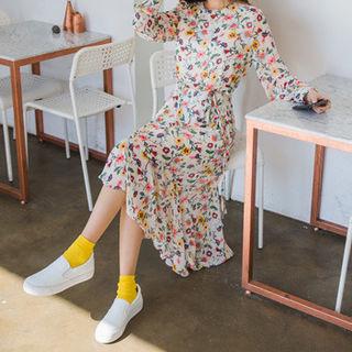Floral Print Asymmetric-hem Long Dress With Sash