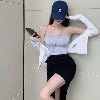 Strappy Cropped Camisole Top / Ribbed Knit Cardigan / Asymmetrical Mini Pencil Skirt