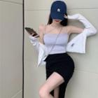 Strappy Cropped Camisole Top / Ribbed Knit Cardigan / Asymmetrical Mini Pencil Skirt
