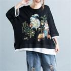 3/4-sleeve Printed Panel Top Black - One Size