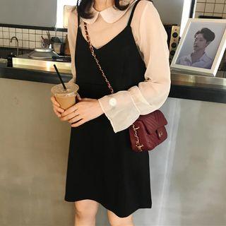 Plain Peter-pan Collar Long-sleeve Blouse / Plain Sleeveless Dress