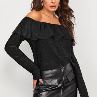 Off Shoulder Ruffle Trim Glitter Tee