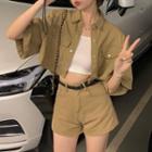 Short-sleeve Pocket-detail Cropped Denim Shirt / High-waist A-line Shorts