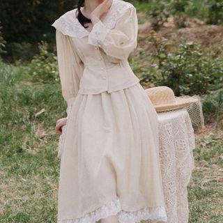 Set: Lace Trim Dotted Long-sleeve Blouse + Dotted Midi A-line Skirt