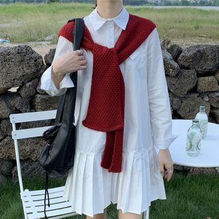 Long-sleeve Pleated A-line Shirtdress / Shawl