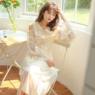 Cold Shoulder Long-sleeve Midi Chiffon Dress