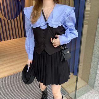 Plain Blouse / Button-up Vest / Mini Pleated Skirt